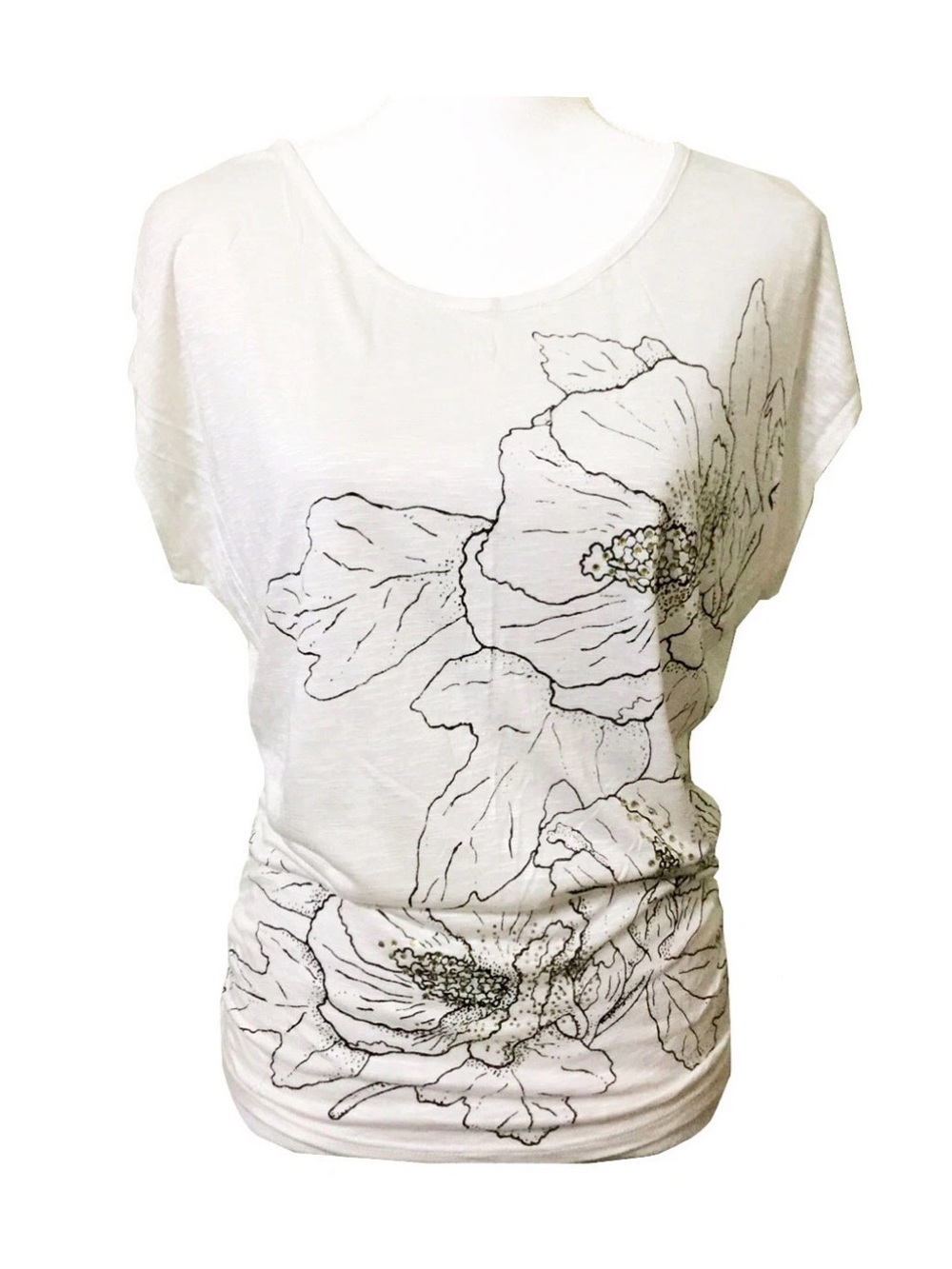 Forever 21 Floral Top Small Embellished T Shirt Cream Side Ruched
